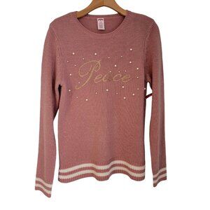 Holiday Soft Pink Embellished Pearls PEACE Christmas Sweater Sz‎ S NWT
